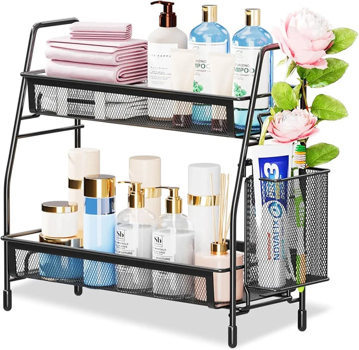 Famhap Bathroom Counter Organizer, Bathroom Organizer Countertop with Side Basket, Kitchen Countertop Organizer