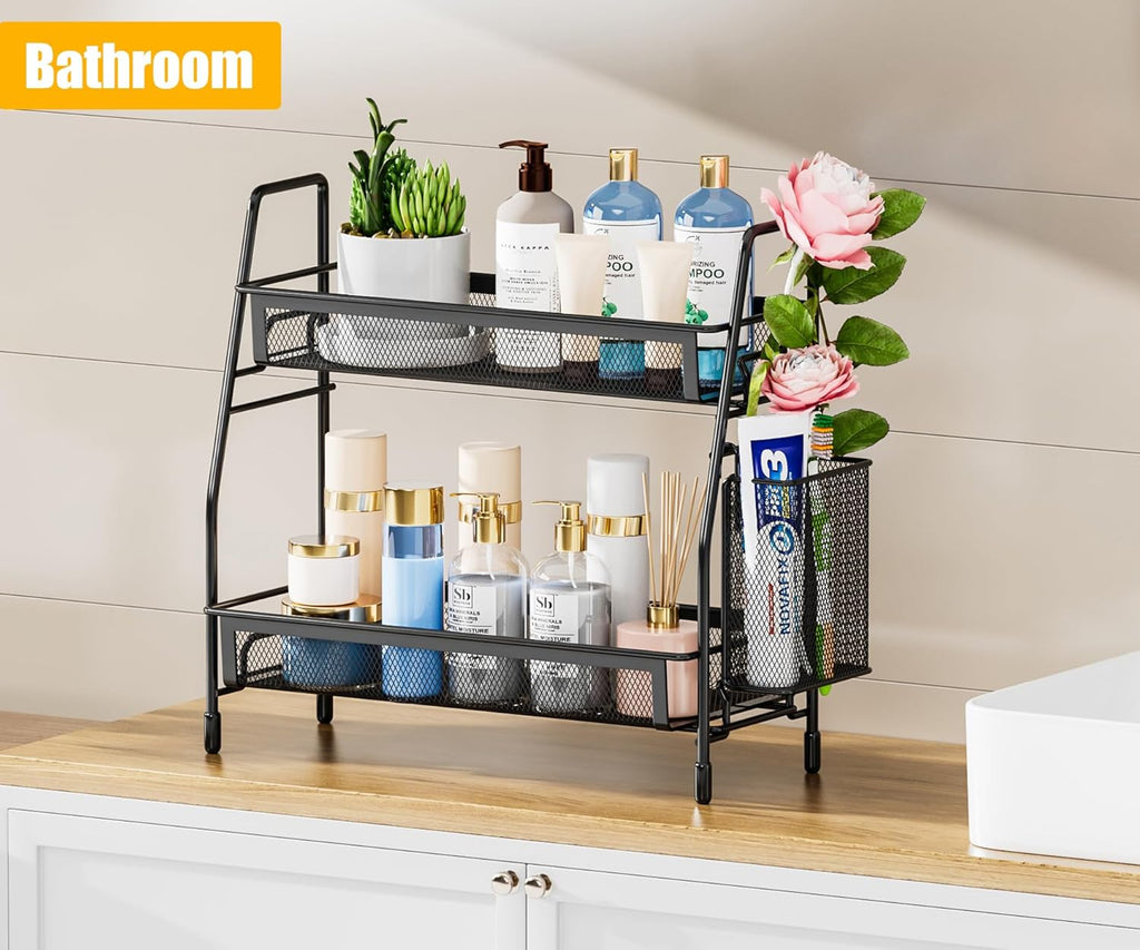 Famhap Bathroom Counter Organizer, Bathroom Organizer Countertop with Side Basket, Kitchen Countertop Organizer