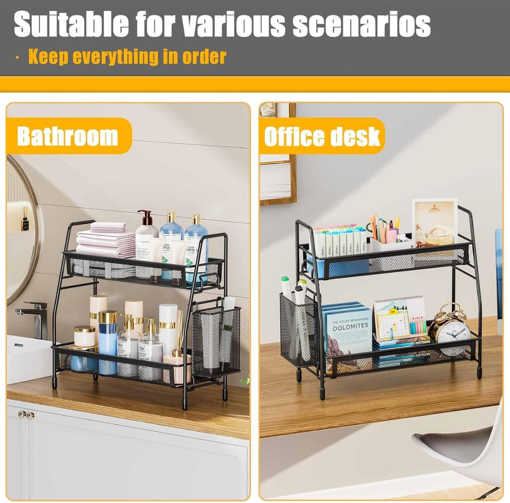 Famhap Bathroom Counter Organizer, Bathroom Organizer Countertop with Side Basket, Kitchen Countertop Organizer